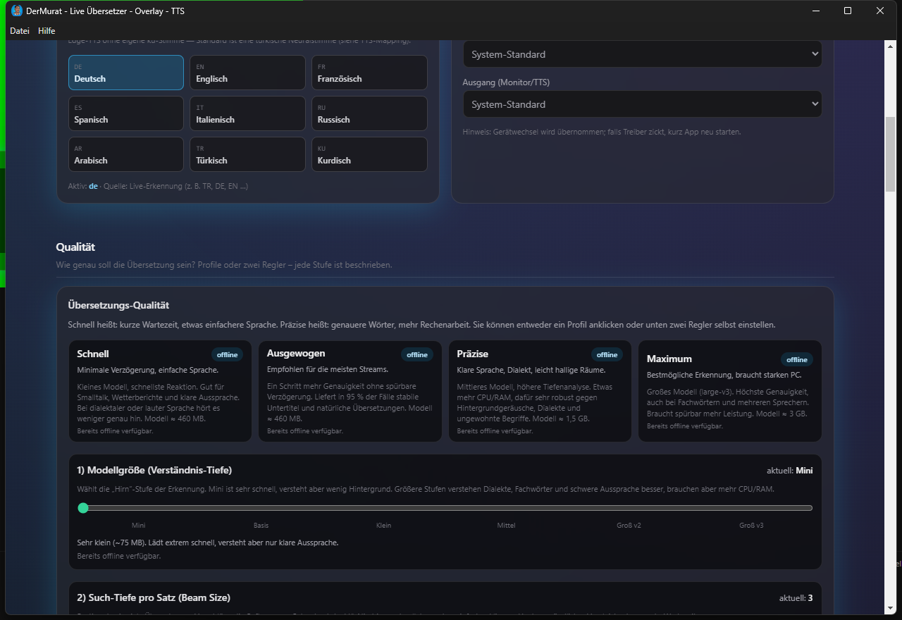 Qualitäts-Presets mit offline-Badge im Dashboard