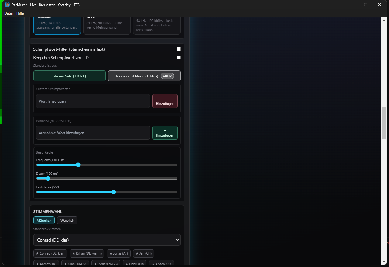 Schimpfwort-Filter und Beep-Regler im Dashboard